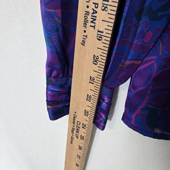 VTG Stuart Lang Blouse Sz 14 Purple Geo Print High Neck Long Sleeve Secretary - Picture 15 of 16